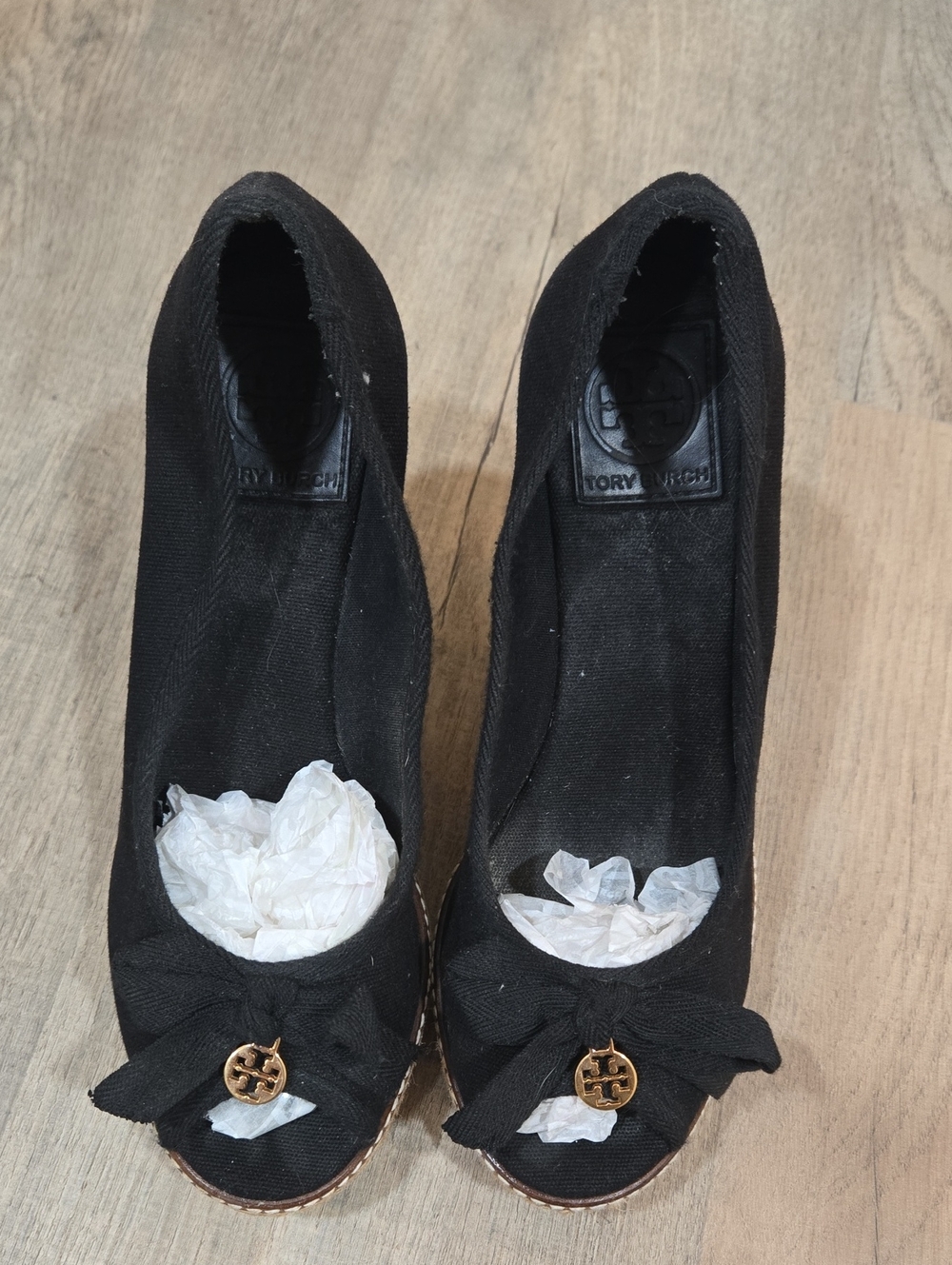 Tory Burch Black Canvas Peep-Toe Espadrille Wedges !